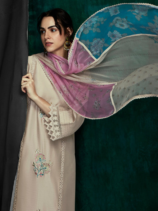 Indo Era Beige Embroidered Straight Kurta Trousers With Dupatta Set