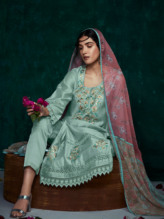 Indo Era Green Embroidered Straight Kurta Trousers With Dupatta Set