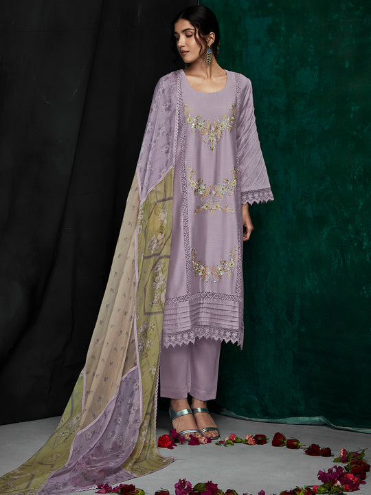 Indo Era Lavender Embroidered Straight Kurta Trousers With Dupatta Set