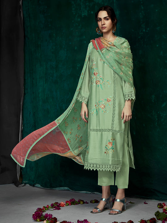 Indo Era Sea Green Embroidered Straight Kurta Trousers With Dupatta Set