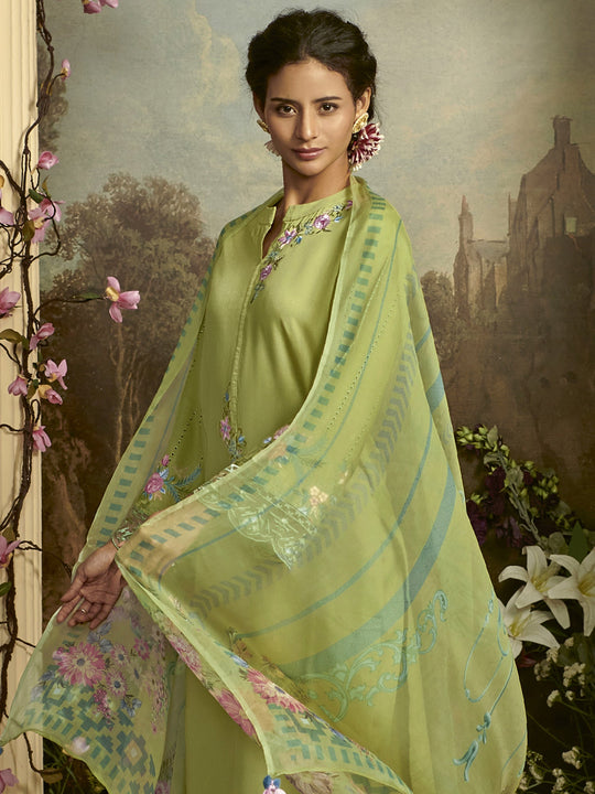 Indo Era Green Embroidered Straight Kurta Trousers With Dupatta Set