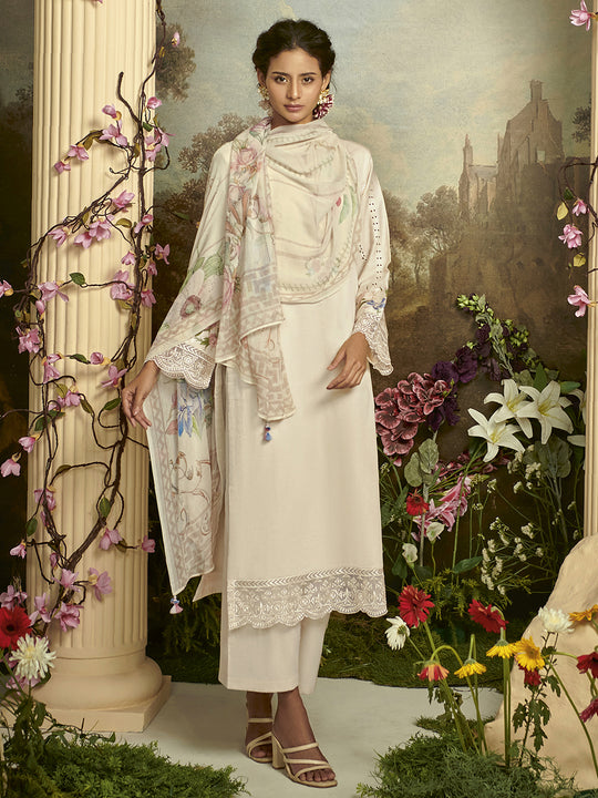 Indo Era White Embroidered Straight Kurta Trousers With Dupatta Set