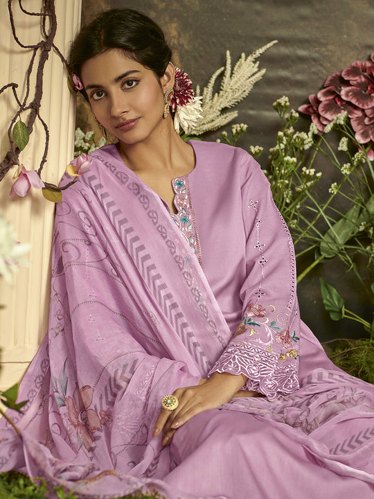 Indo Era Lavender Embroidered Straight Kurta Trousers With Dupatta Set