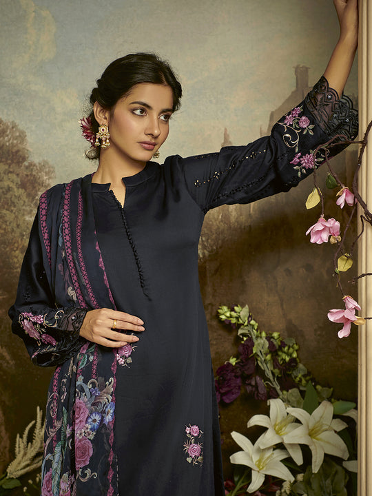 Indo Era Black Embroidered Straight Kurta Trousers With Dupatta Set