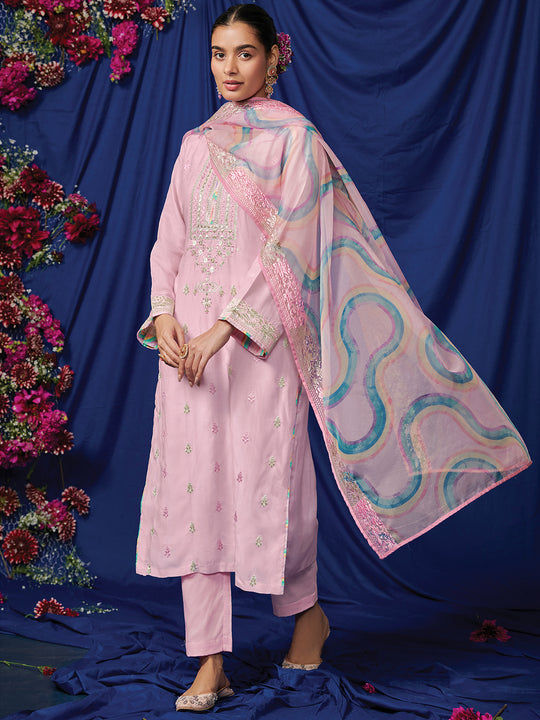 Indo Era Pink Embroidered Straight Kurta Trousers With Dupatta Set