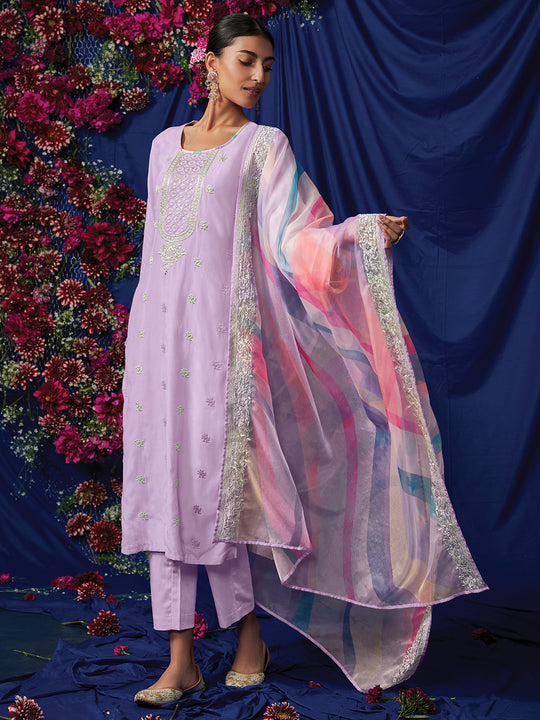 Indo Era Lavender Embroidered Straight Kurta Trousers With Dupatta Set