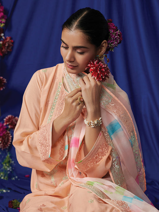 Indo Era Peach Embroidered Straight Kurta Trousers With Dupatta Set