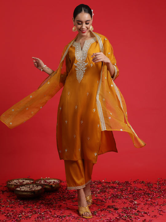 Indo Era Mustard Embroidered Straight Kurta Trousers With Dupatta Set