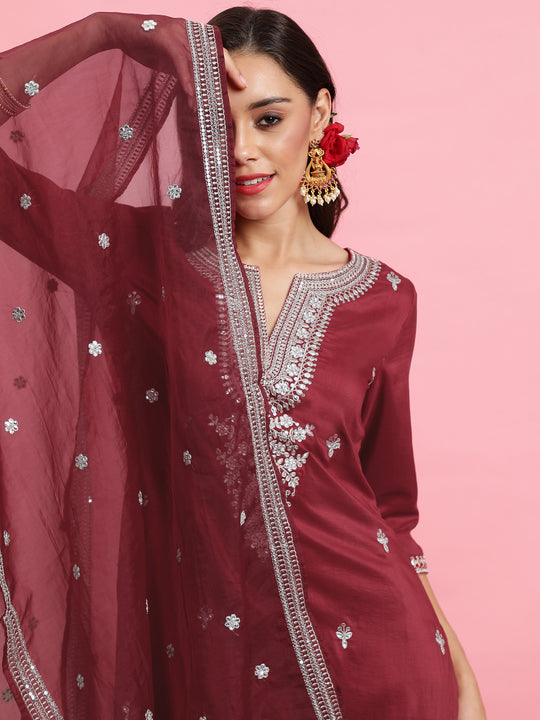 Indo Era Red Embroidered Straight Kurta Trousers With Dupatta Set