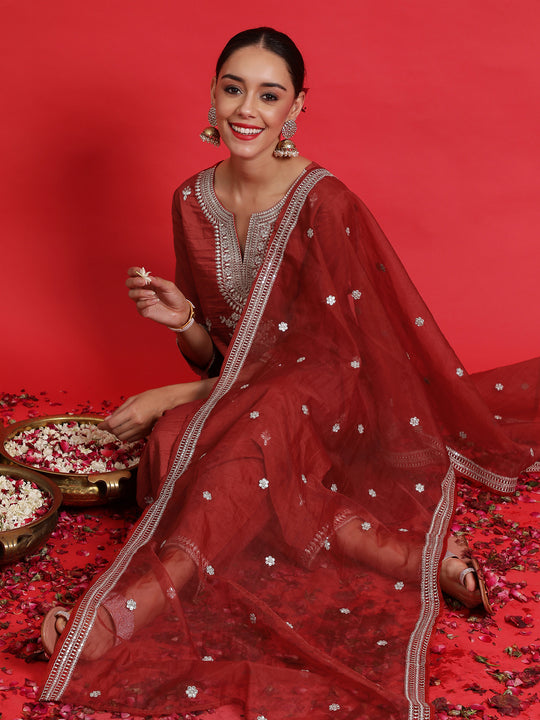 Indo Era Rust Embroidered Straight Kurta Trousers With Dupatta Set