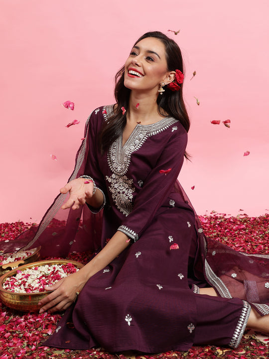 Indo Era Wine Embroidered Straight Kurta Trousers With Dupatta Set