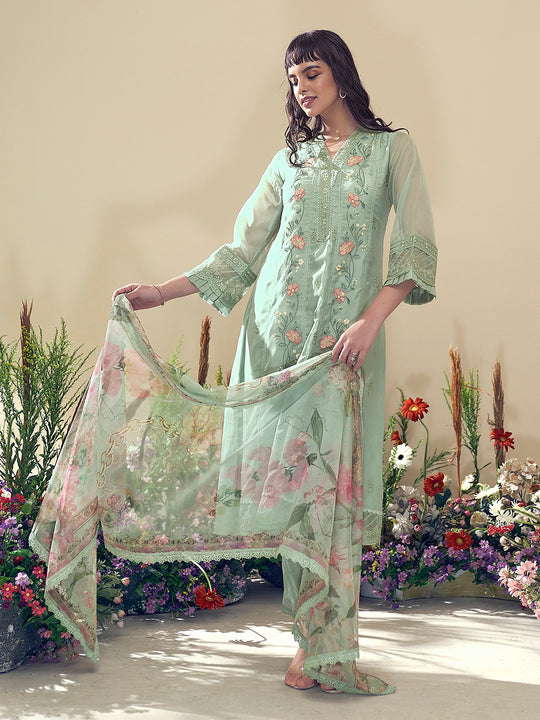 Indo Era Sea Green Embroidered Straight Kurta Trousers With Dupatta Set