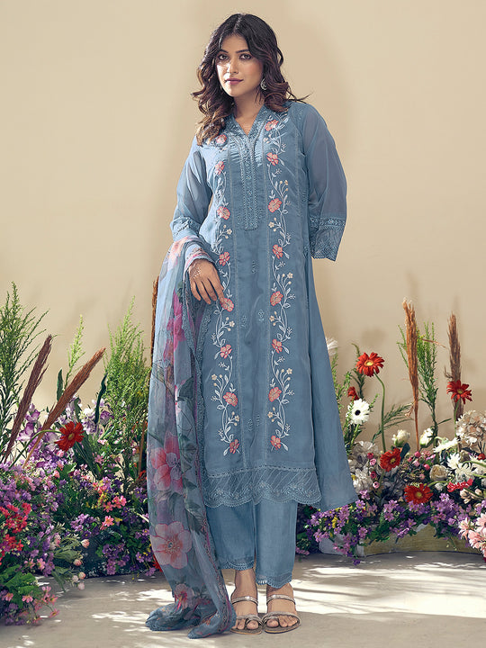 Indo Era Blue Embroidered Straight Kurta Trousers With Dupatta Set