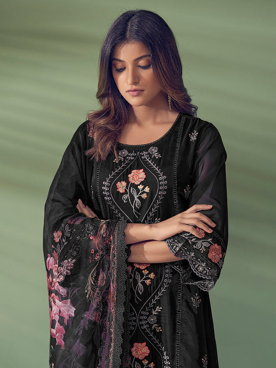 Indo Era Black Embroidered Straight Kurta Trousers With Dupatta Set