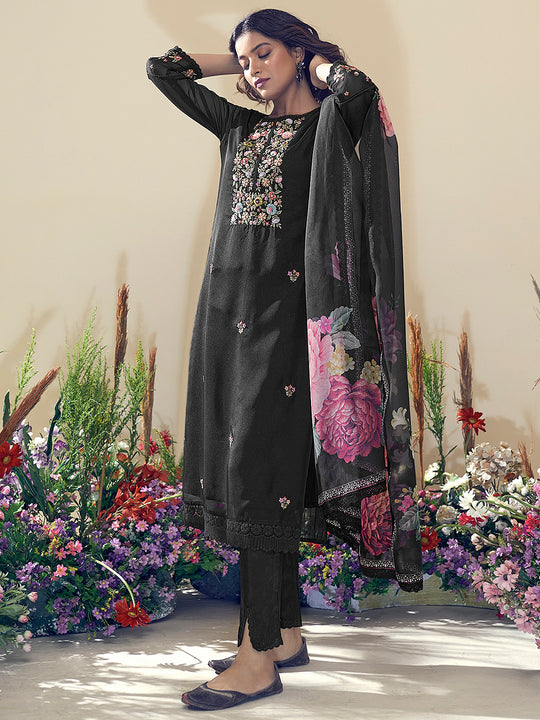 Indo Era Black Embroidered Straight Kurta Trousers With Dupatta Set