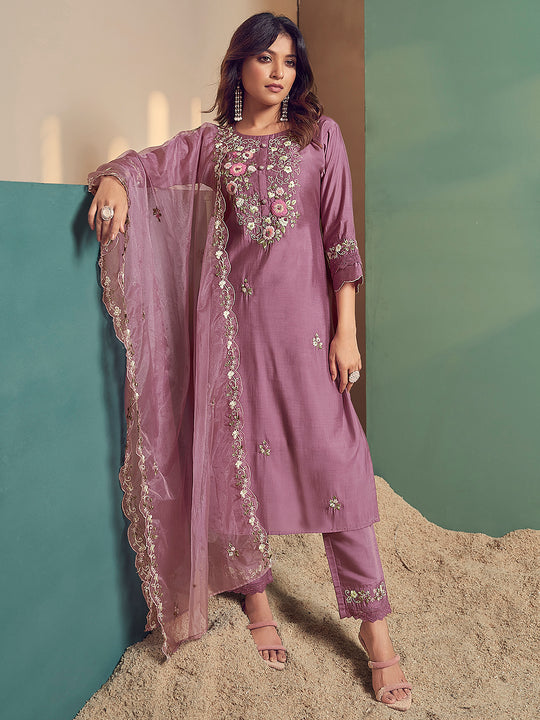Lavender Embroidered Straight Kurta Trousers With Dupatta