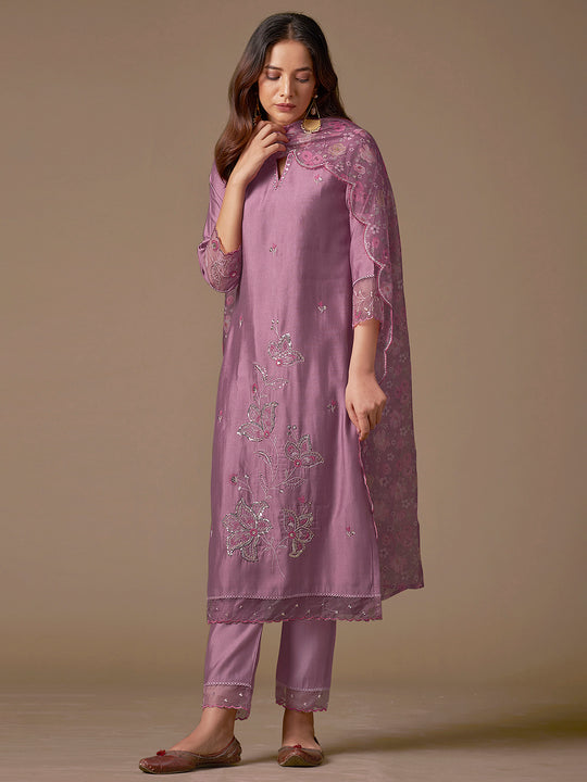 Indo Era Lavender Embroidered Straight Kurta Trousers With Dupatta Set