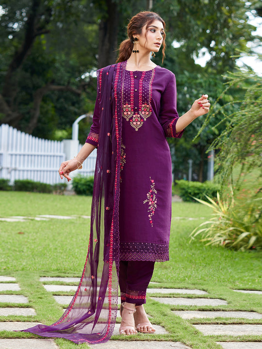 Indo Era Burgundy Embroidered Straight Kurta Trousers With Dupatta Set