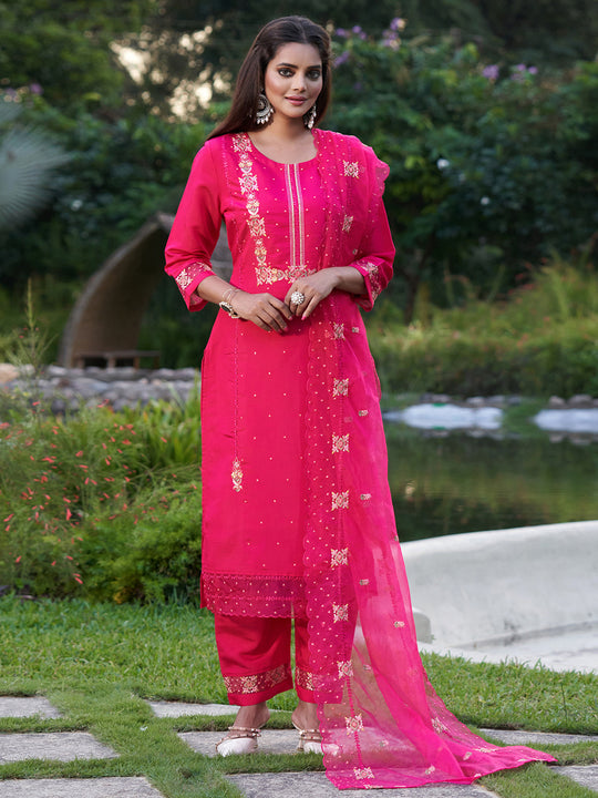 Indo Era Pink Embroidered Straight Kurta Trousers With Dupatta Set