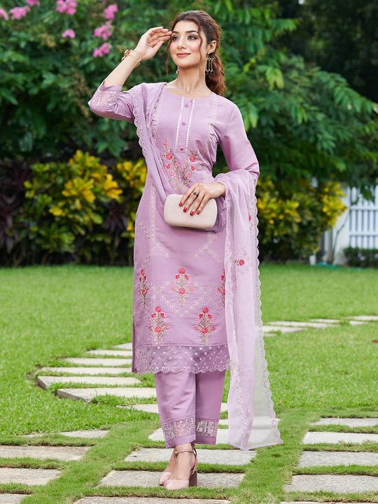 Indo Era Lavender Embroidered Straight Kurta Trousers With Dupatta Set