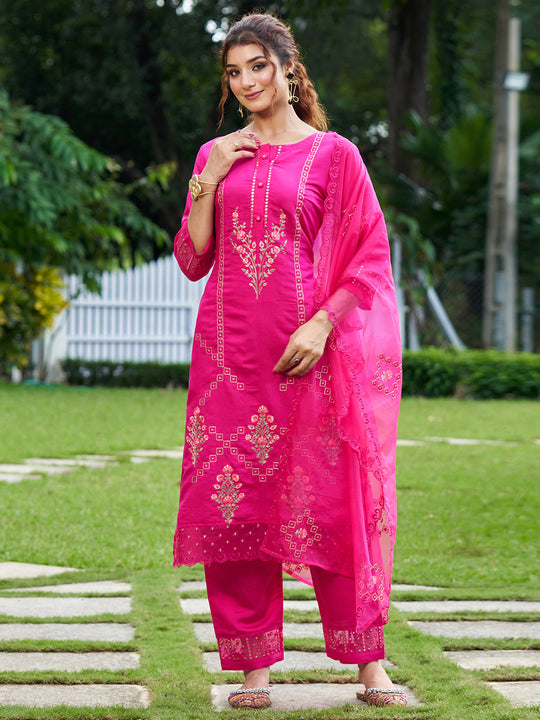 Indo Era Pink Embroidered Straight Kurta Trousers With Dupatta Set