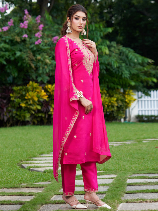 Indo Era Pink Embroidered Straight Kurta Trousers With Dupatta Set