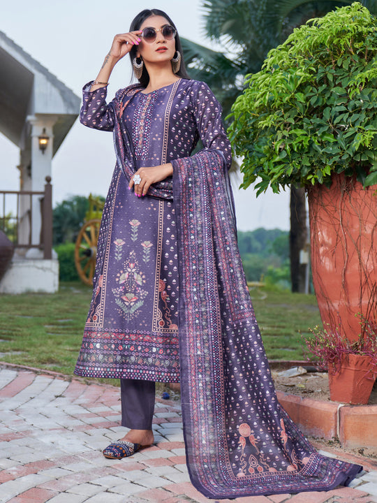 Indo Era Blue Embroidered Straight Kurta Trousers With Dupatta Set