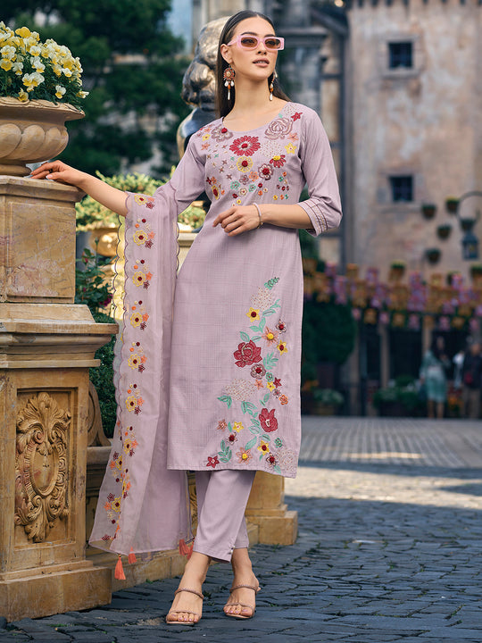 Indo Era Lavender Embroidered Straight Kurta Trousers With Dupatta Set