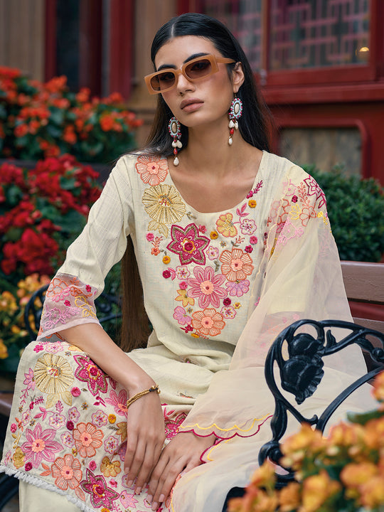 Indo Era White Embroidered Straight Kurta Trousers With Dupatta Set