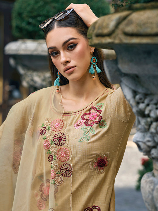 Indo Era Beige Embroidered Straight Kurta Trousers With Dupatta Set