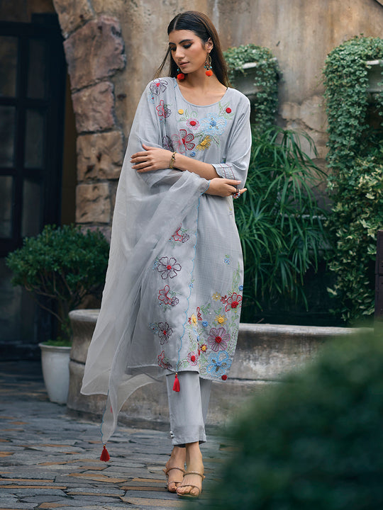 Indo Era Blue Embroidered Straight Kurta Trousers With Dupatta Set