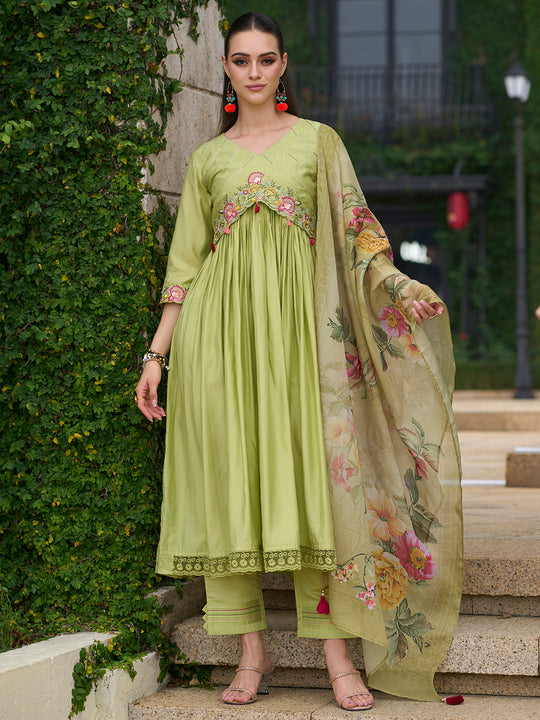 Indo Era Green Embroidered A-Line Kurta Trousers With Dupatta Set