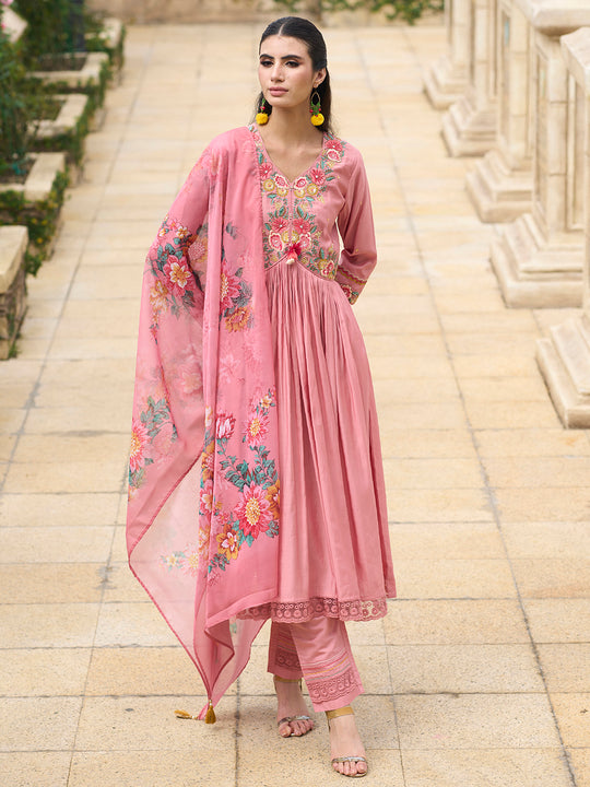 Indo Era Pink Embroidered A-Line Kurta Trousers With Dupatta Set