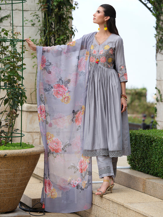 Indo Era Grey Embroidered A-Line Kurta Trousers With Dupatta Set