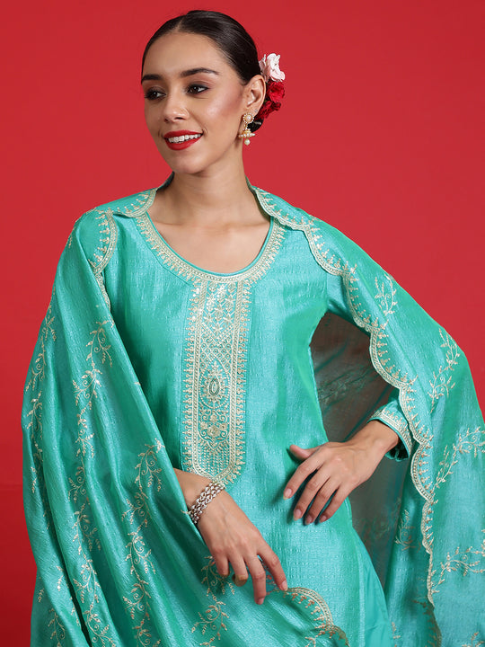 Indo Era Sea Green Embroidered Straight Kurta Trousers With Dupatta Set