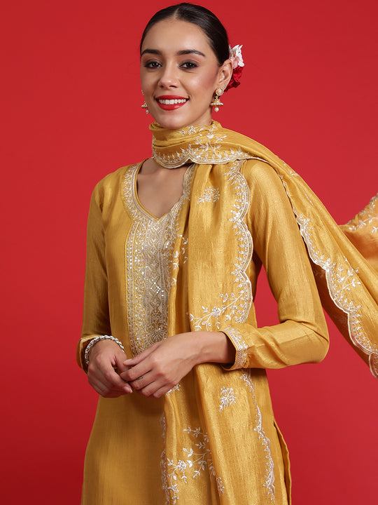 Indo Era Yellow Embroidered Straight Kurta Trousers With Dupatta Set
