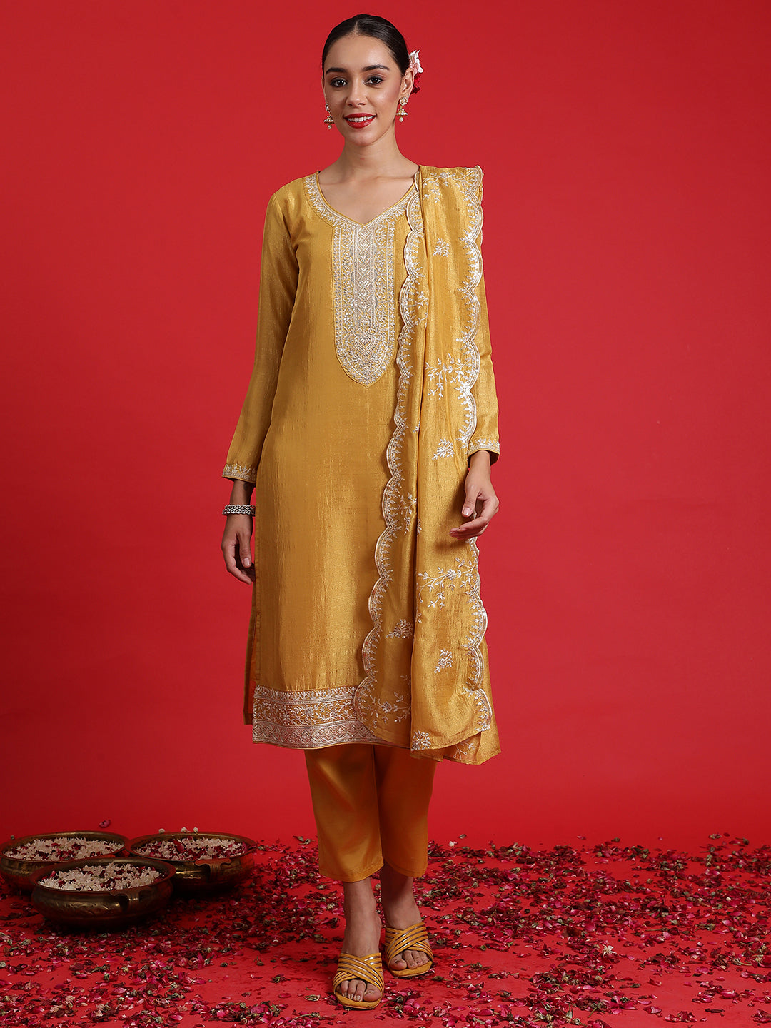 Indo Era Yellow Embroidered Straight Kurta Palazzos With Dupatta Set