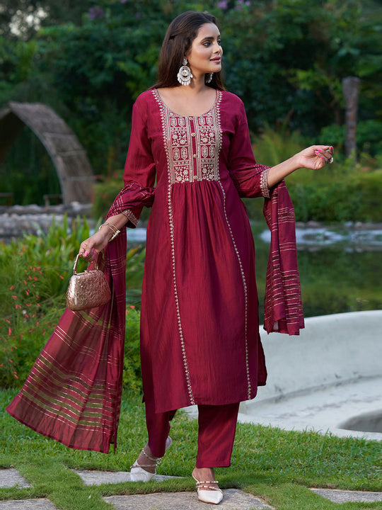 Indo Era Maroon Embroidered Straight Kurta Trousers With Dupatta Set