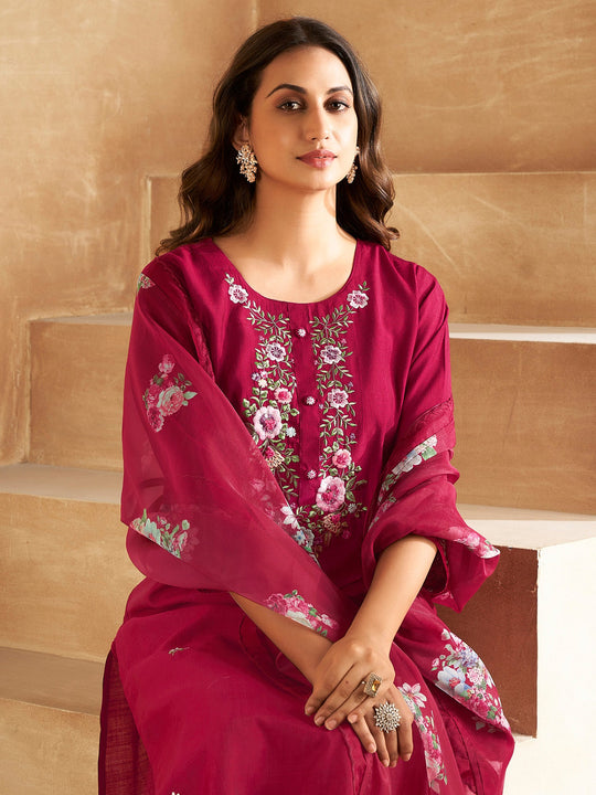 Indo Era Maroon Embroidered Straight Kurta Trousers With Dupatta Set