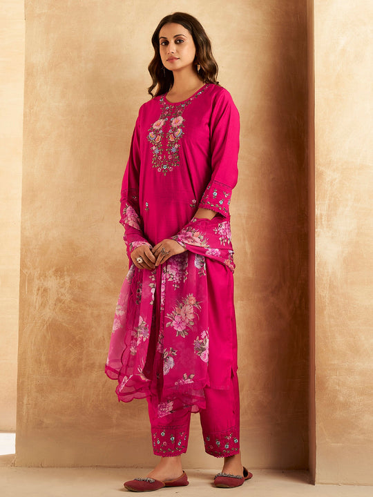 Indo Era Magenta Embroidered Straight Kurta Trousers With Dupatta Set