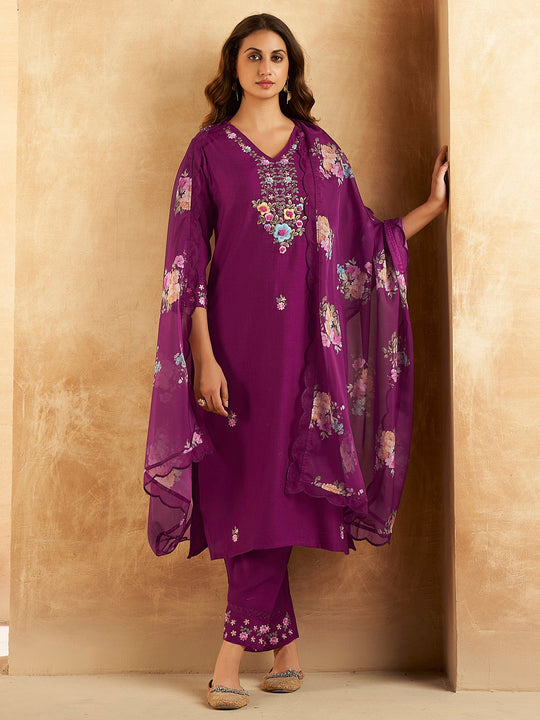 Indo Era Burgundy Embroidered Straight Kurta Trousers With Dupatta Set