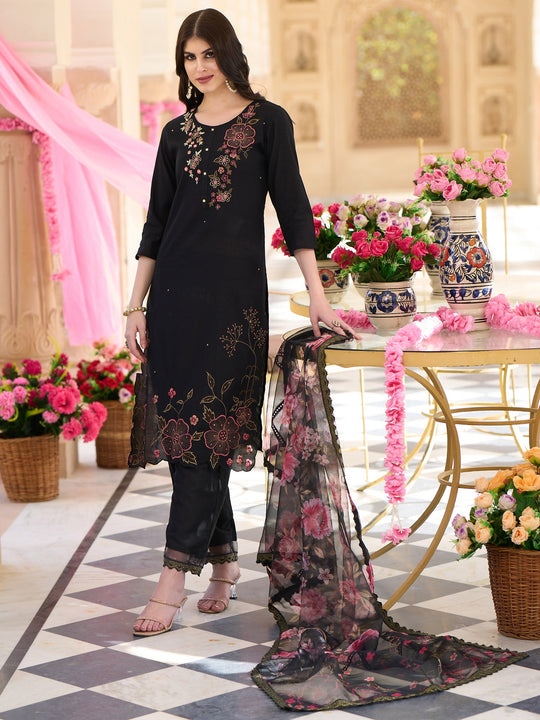 Indo Era Black Embroidered Straight Kurta Trousers With Dupatta Set
