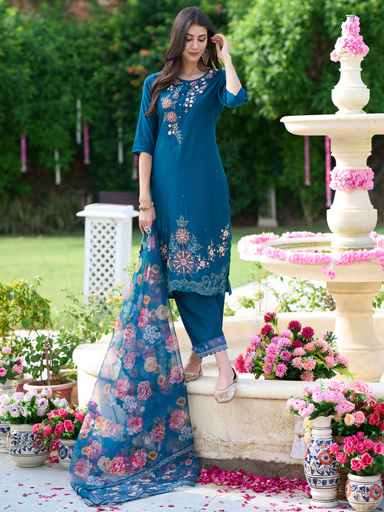 Indo Era Blue Embroidered Straight Kurta Trousers With Dupatta Set