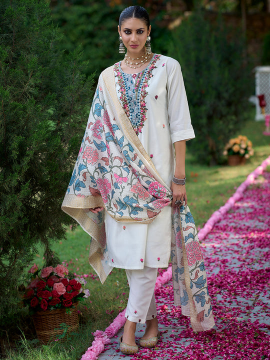 Indo Era Off White Embroidered Straight Kurta Trousers With Dupatta Set
