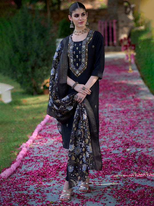 Indo Era Black Embroidered Straight Kurta Trousers With Dupatta Set
