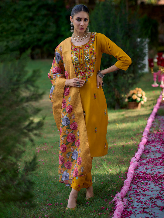 Indo Era Mustard Embroidered Straight Kurta Trousers With Dupatta Set