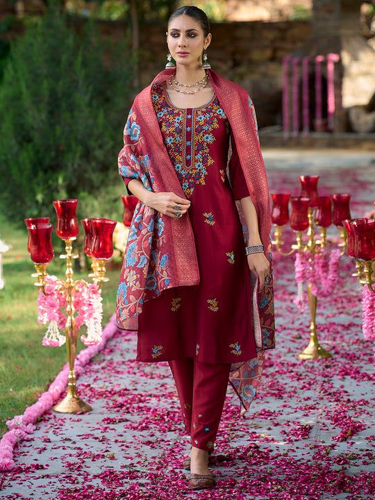 Indo Era Maroon Embroidered Straight Kurta Trousers With Dupatta Set