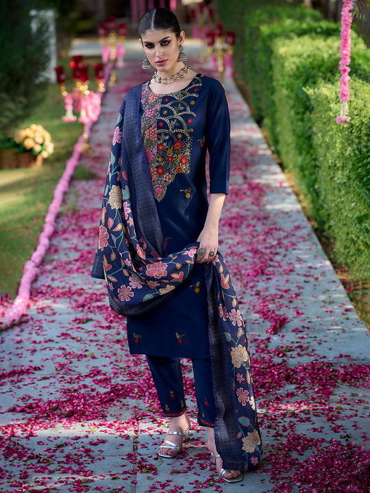 Indo Era Blue Embroidered Straight Kurta Trousers With Dupatta Set
