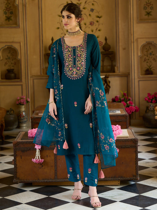 Indo Era Teal Embroidered Straight Kurta Trousers With Dupatta Set