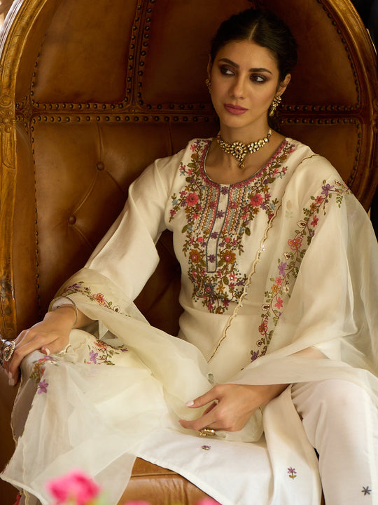 Indo Era White Embroidered Kurta with Trousers with dupatta